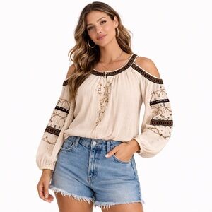 Free People Beaded Boho Peasant Top Cream Gauze Embroidered Small